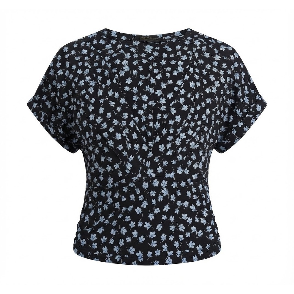 Floral Blouse Women Small Black Blue Pleated Cap Sleeve Good